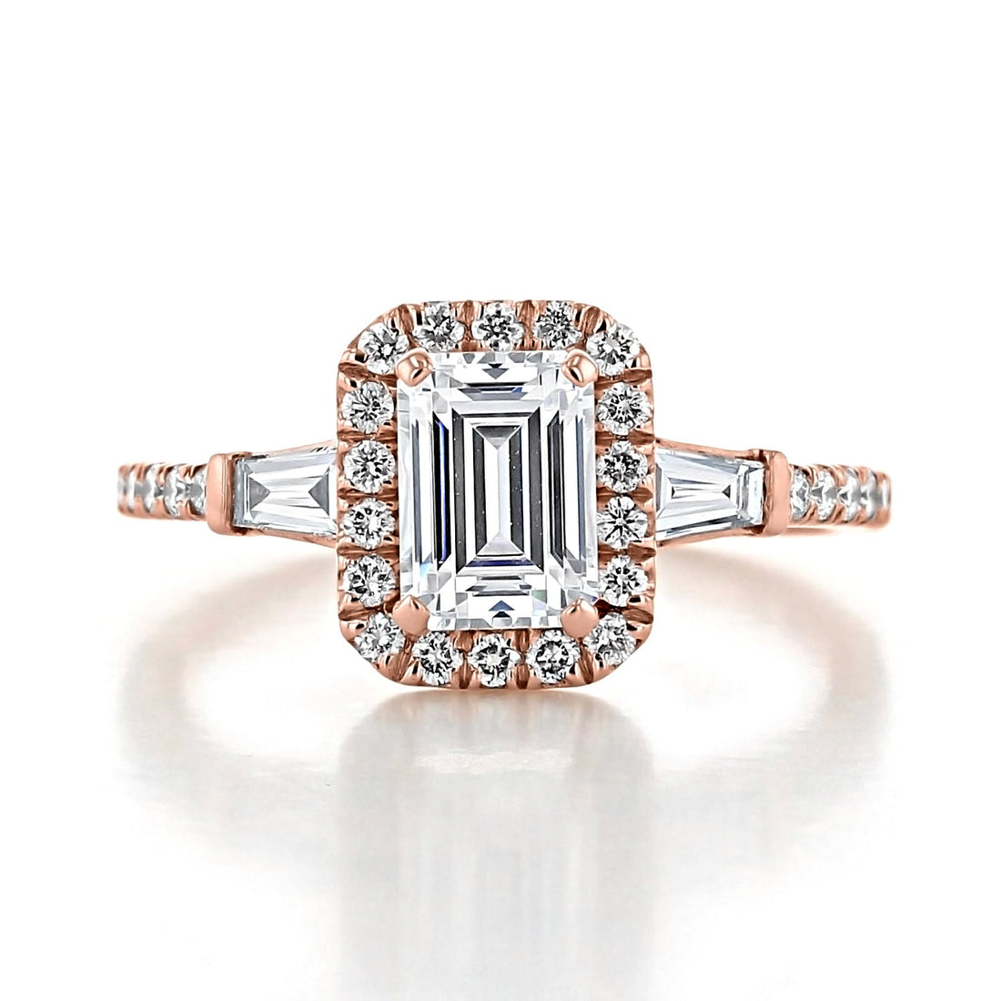 1.60ct Emerald Cut Moissanite Halo 4 Prong Engagement Ring