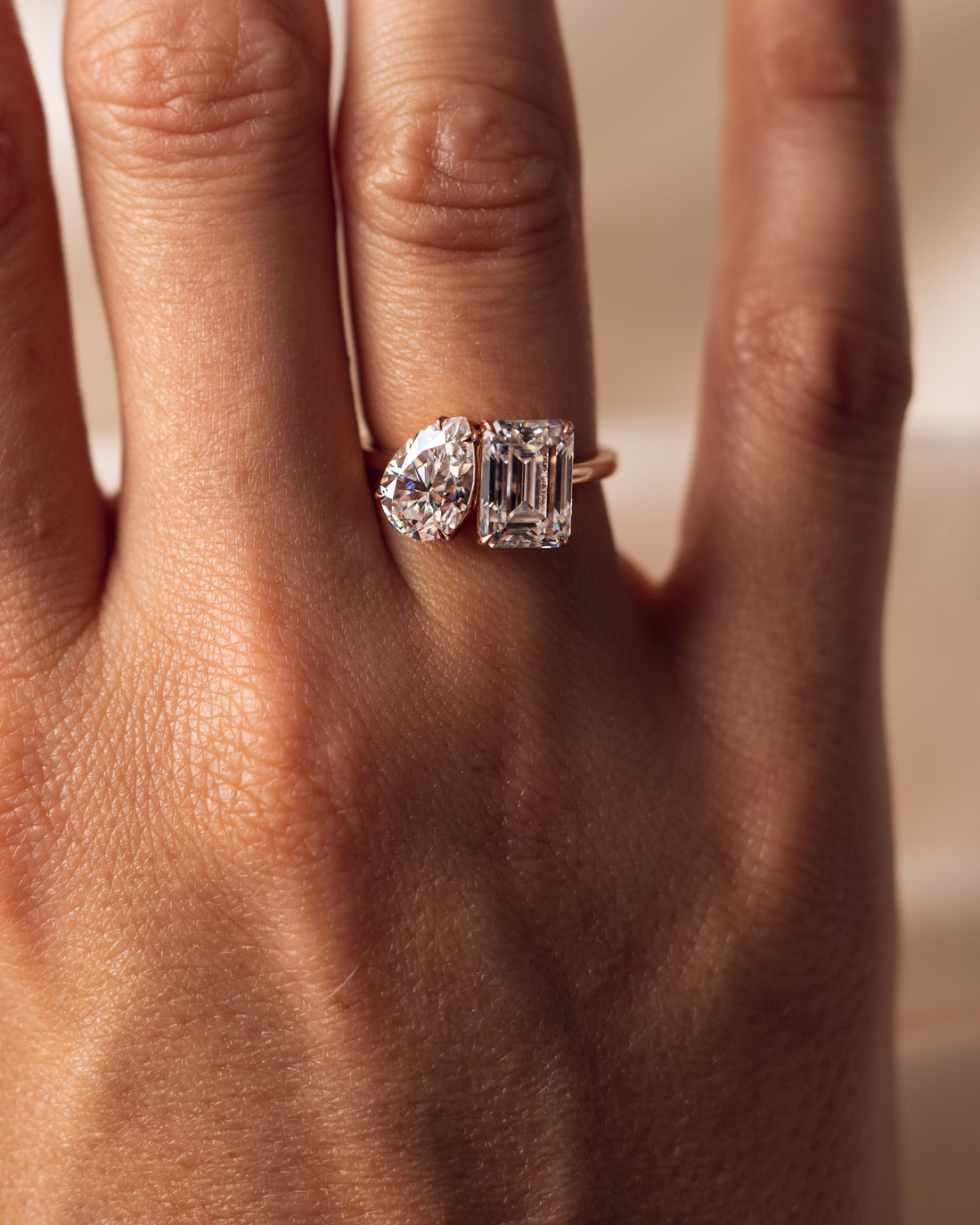 3.75 TCW Emerald & Pear F/VS2 CVD Diamond Two Stone Engagement Ring