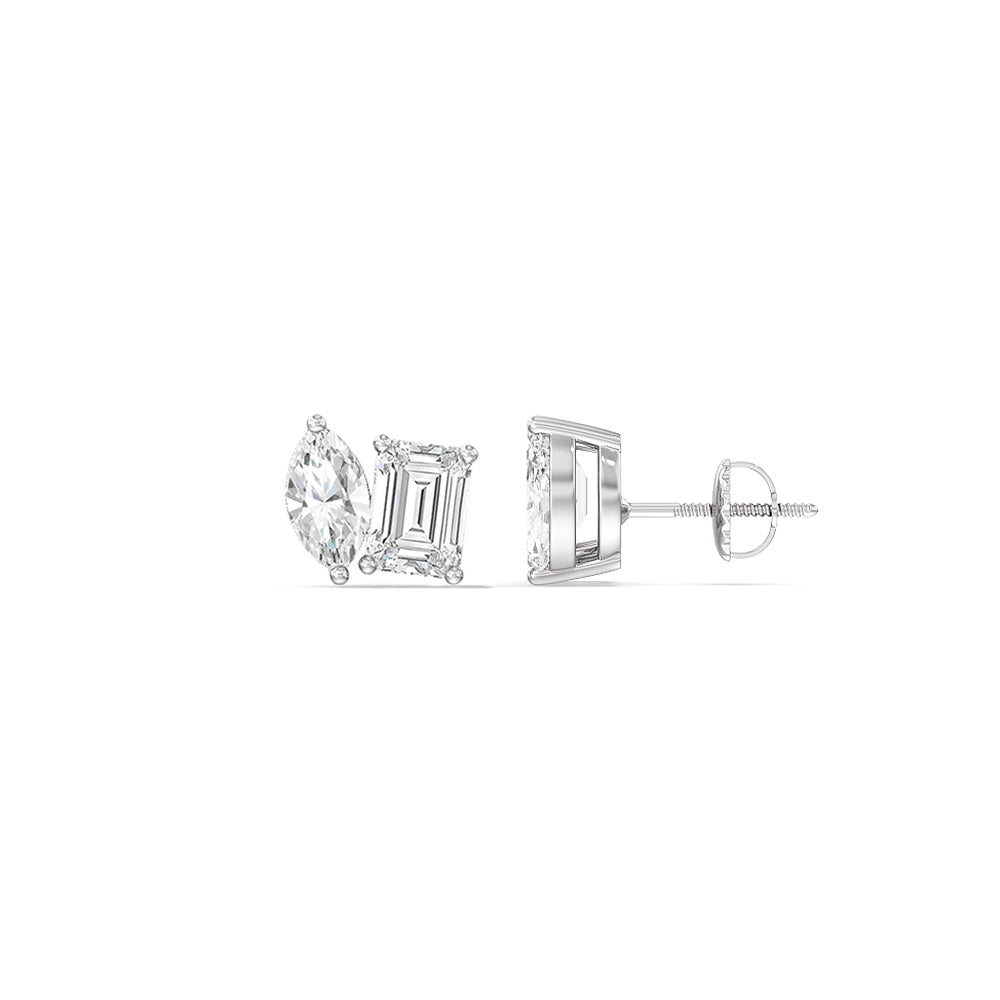 Marquise & Emerald Moissanite Two Stone Diamond Stud Earrings