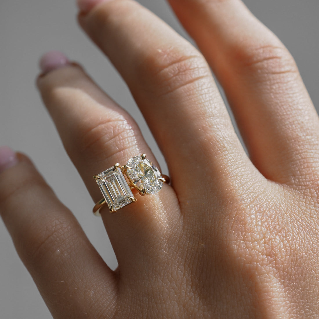 3.6 Carats Emerald & Oval Shaped CVD Diamond Two Stone Style Engagement Ring