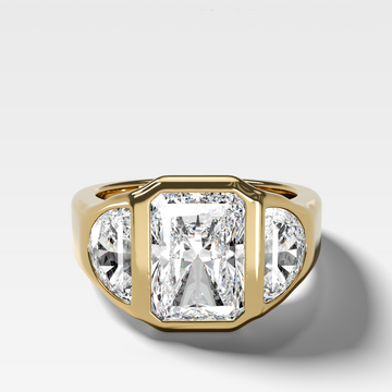 Burnished Three Stone Engagement Ring with Half Moon Sides and an Elongated Radiant Cut Diamond