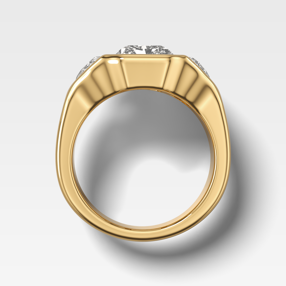 Burnished Three Stone Engagement Ring with Half Moon Sides and an Elongated Radiant Cut Diamond