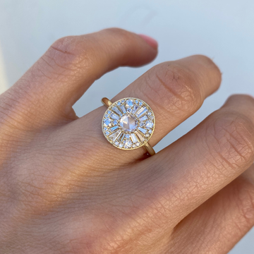 Round Rose Cut Moissanite Art Deco Diamond Mosaic Engagement Ring