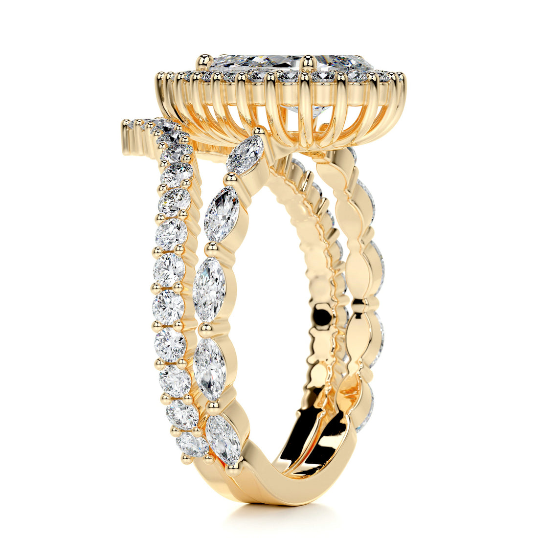 5.75 Ct Pear Halo With Chevron Band Moissanite Bridal set