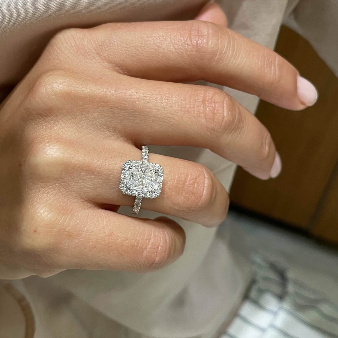2.4 Carat Radiant Cut Moissanite Halo Engagement Ring