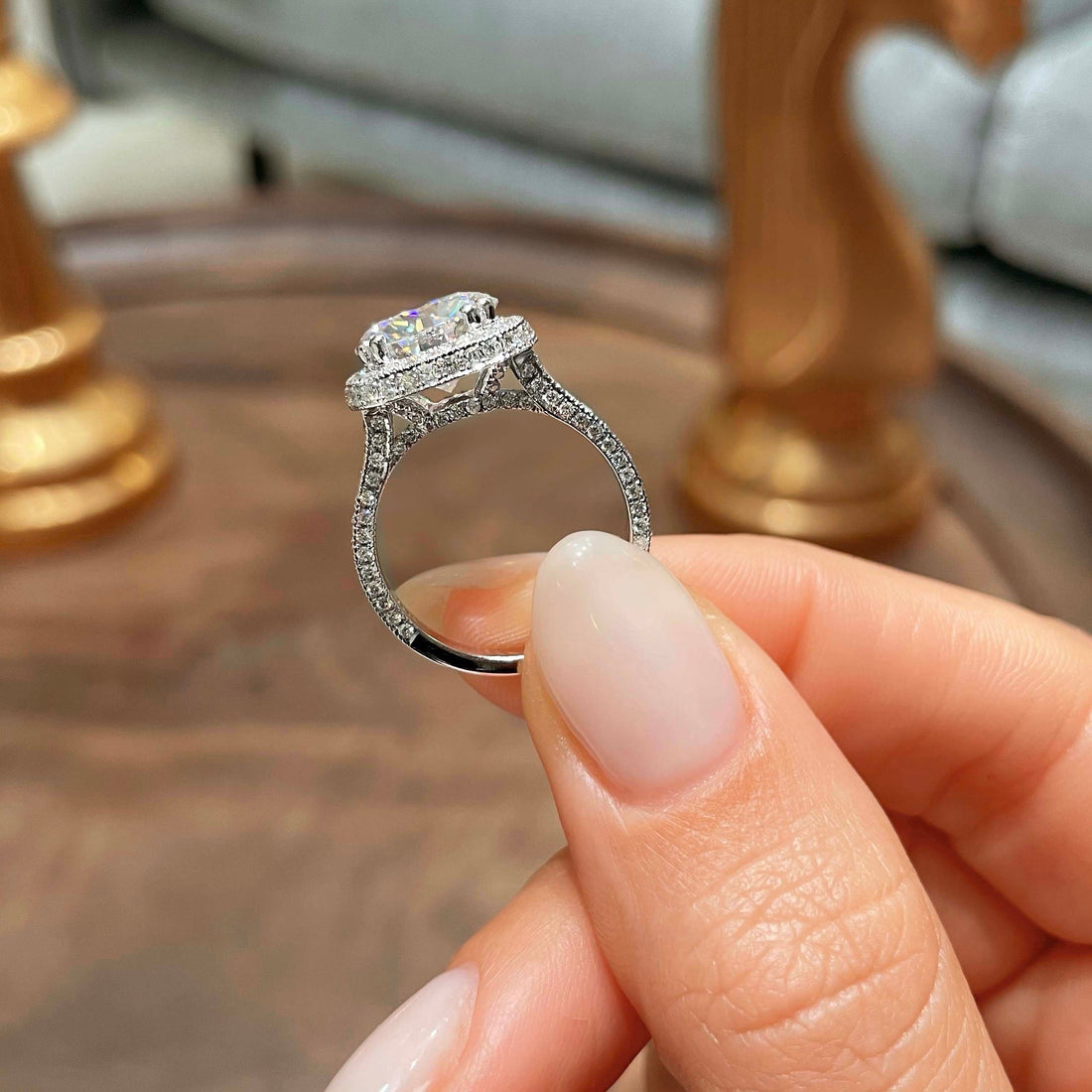 4.2 Ct Round Halo Triple Pave Vintage Moissanite Engagement Ring