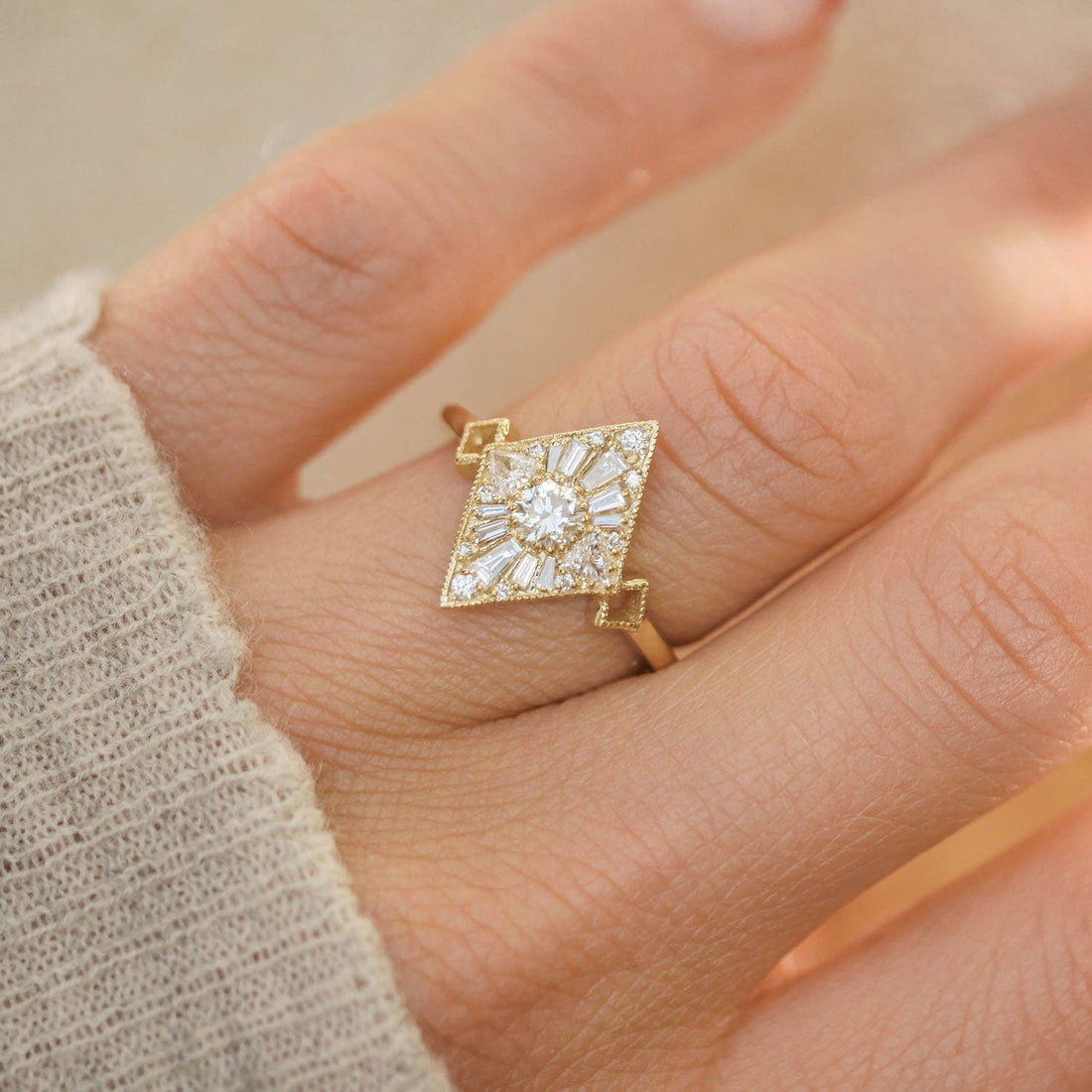 Round Cut Lozenge Shape Moissanite Mosaic Engagement Ring