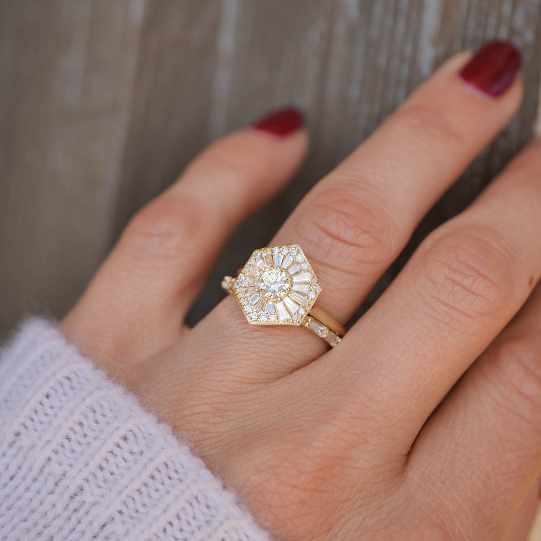 0.45ct Round Cut Moissanite Mosaic Diamond Hexagon Engagement Ring