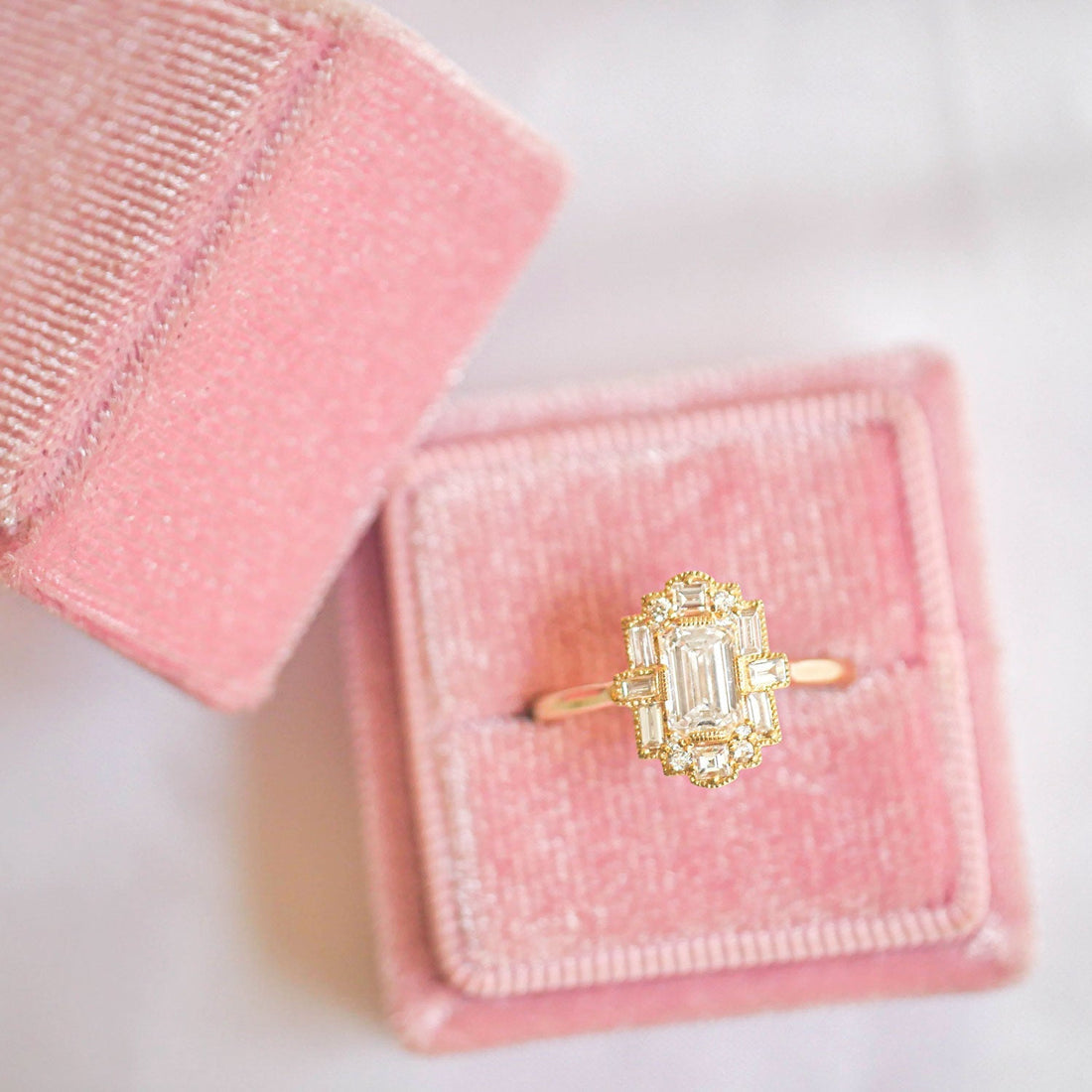 Emerald Cut Vintage Morganite Diamond Unique art deco Engagement Ring