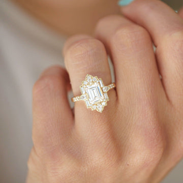 Emerald Cut Moissanite Diamond Art Deco Engagement Ring