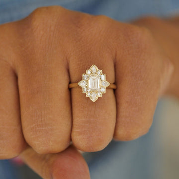 Art Deco Emerald Cut Moissanite Milgrain Setting Cluster Engagement Ring