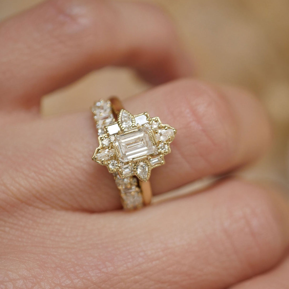 Art Deco Emerald Cut Moissanite Milgrain Setting Cluster Engagement Ring