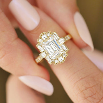 1.50ct Emerald Cut Vintage Morganite Unique art Deco Engagement Ring