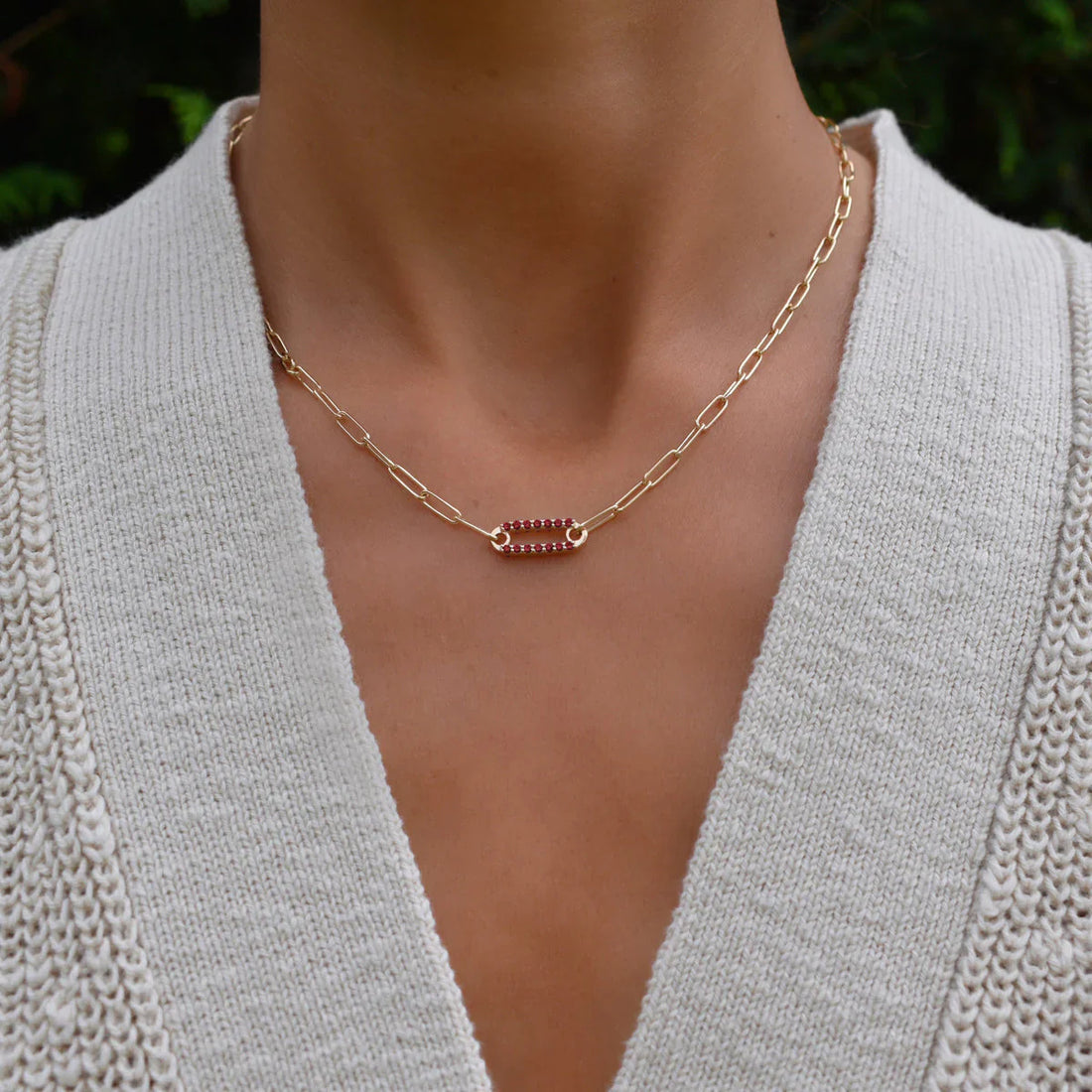 1.10CT Round Garnet Diamond January Birthstone Paper Clip Necklace