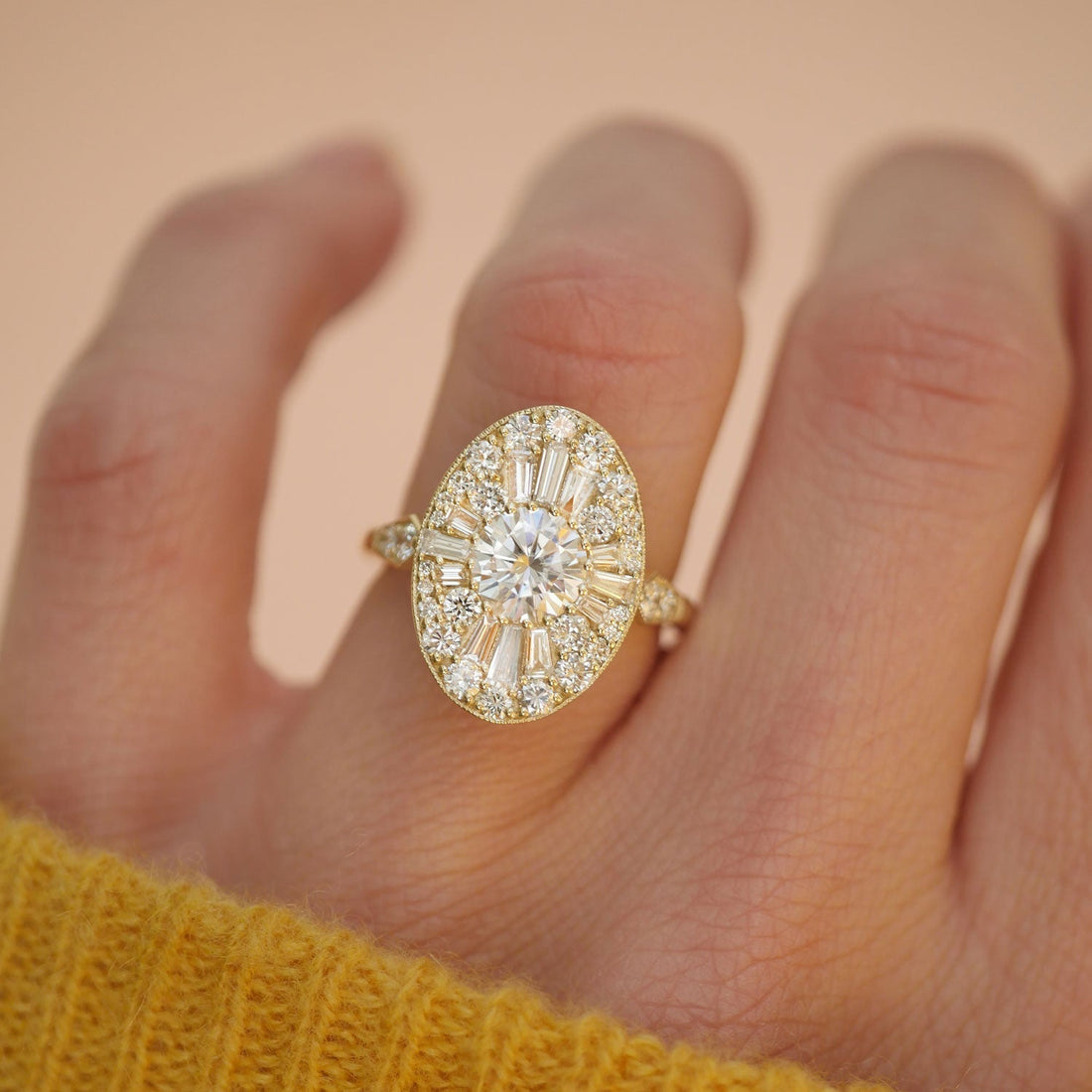 Oval Shape Ballerina Moissanite Mosaic Engagement Ring in 18K Gold