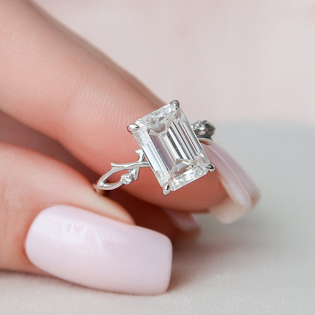 4.0CT Emerald Cut Moissanite Twig Style Engagement Ring