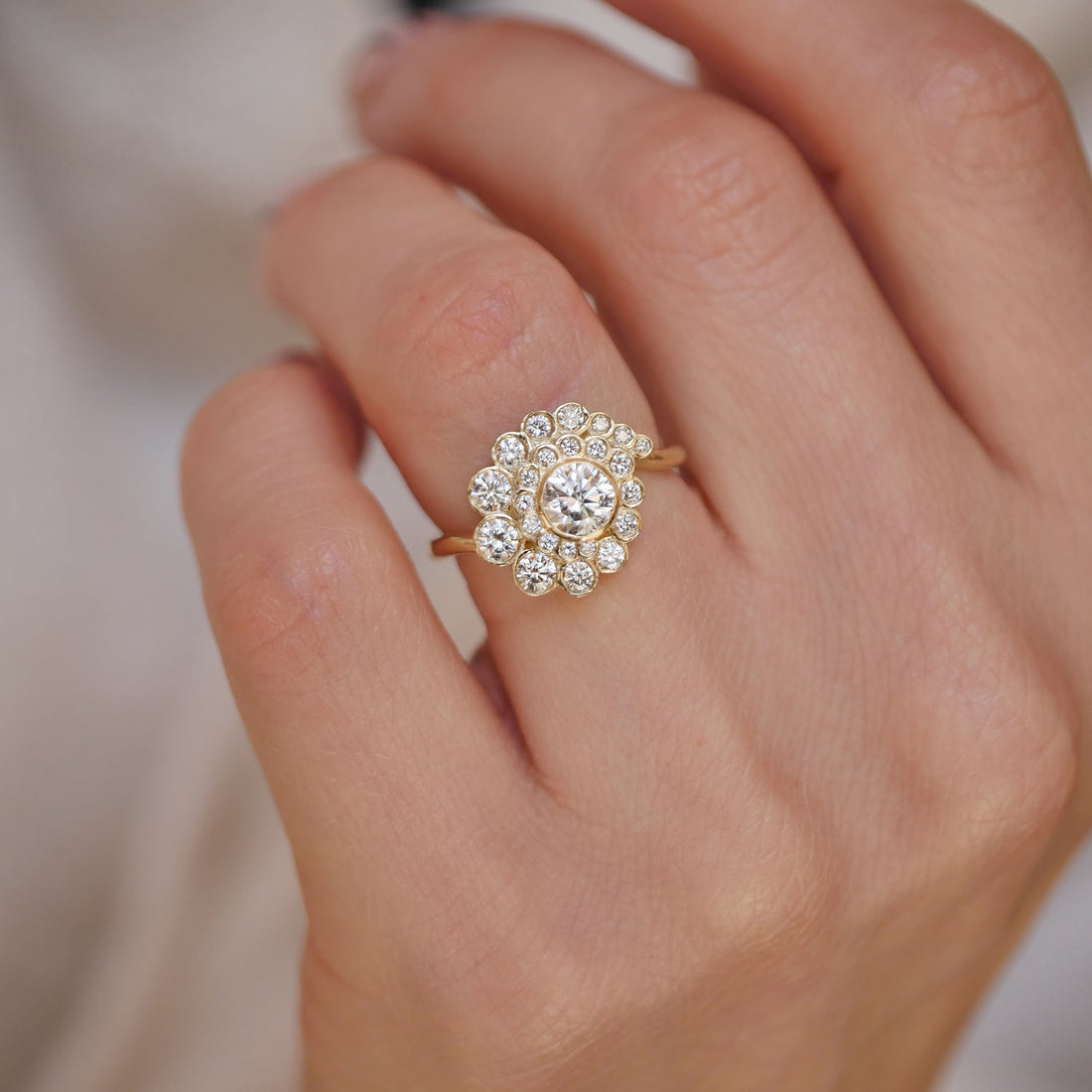 Round Cut Moissanite Diamond Floral Cluster Engagement Ring