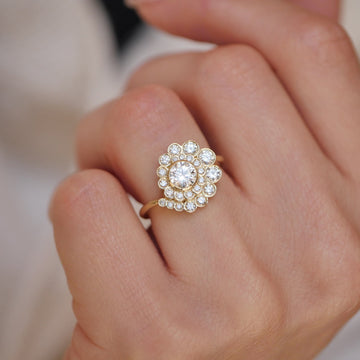 Round Cut Moissanite Diamond Floral Cluster Engagement Ring