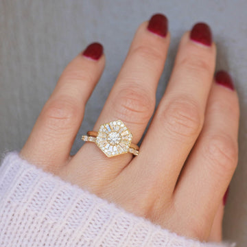 0.45ct Round Cut Moissanite Mosaic Diamond Hexagon Engagement Ring