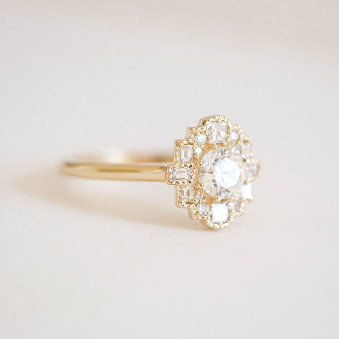 Round Diamond Moissanite Vintage Cluster Engagement Ring