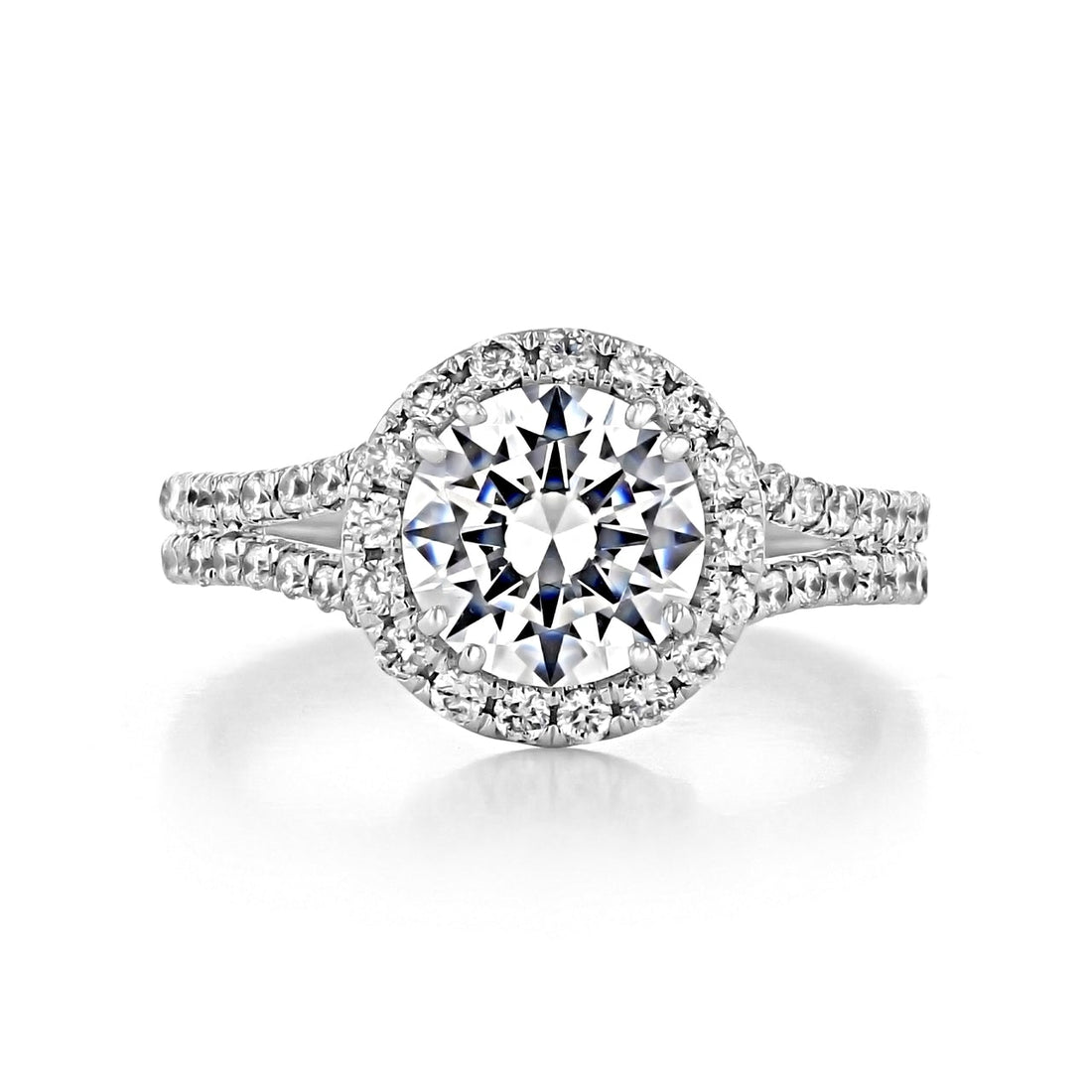 1.35ct Round Brilliant Halo Split Shank Moissanite Engagement Ring