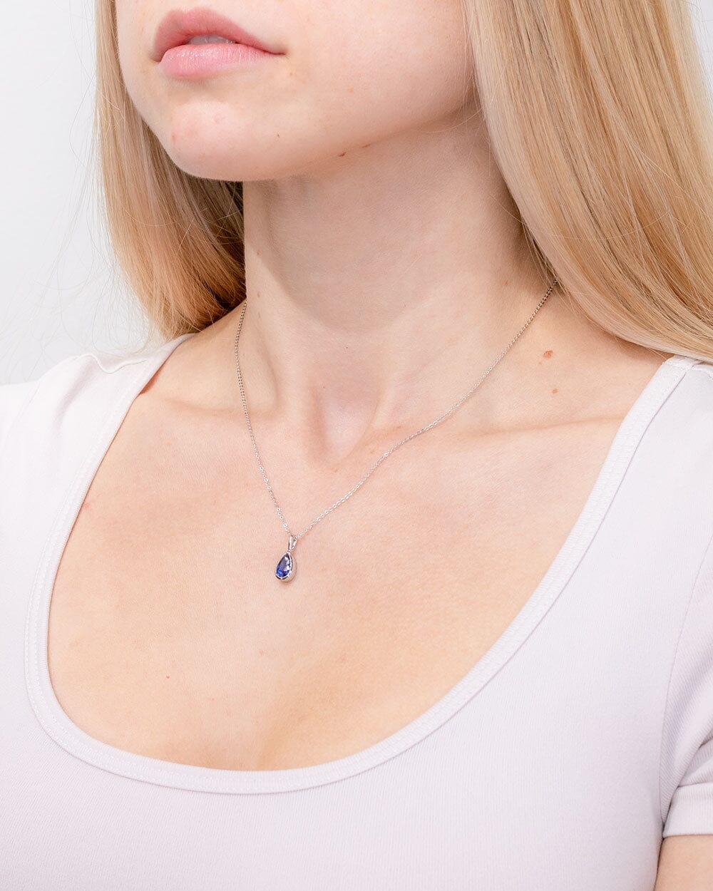 1.11ct Lab Sapphire Pear Bezel Necklace 14k White Gold