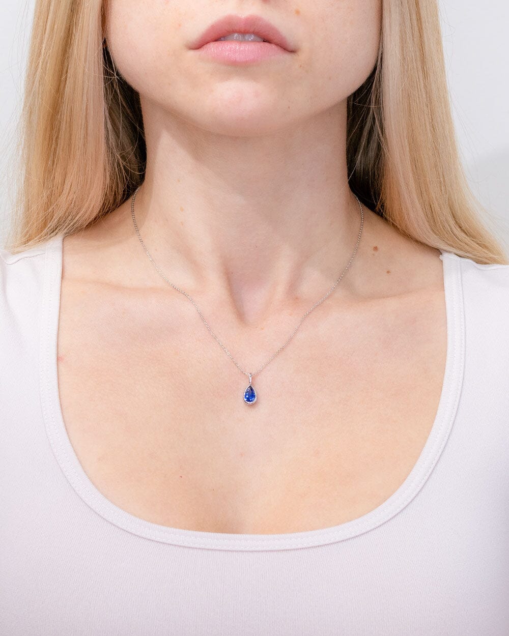 1.11ct Lab Sapphire Pear Bezel Necklace 14k White Gold