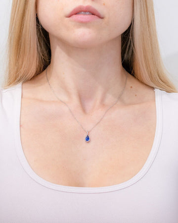 1.11ct Lab Sapphire Pear Bezel Necklace 14k White Gold