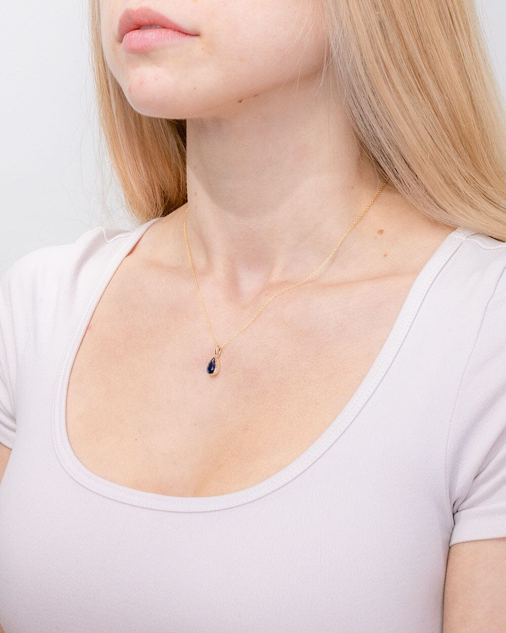 1.11ct Lab Sapphire Pear Bezel Necklace 14k Yellow Gold