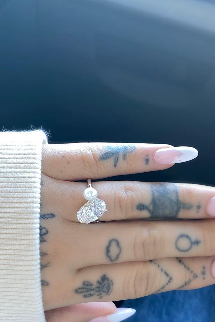 3.0CT Oval Cut Diamond & Pearl Ariana Grande Engagement Ring