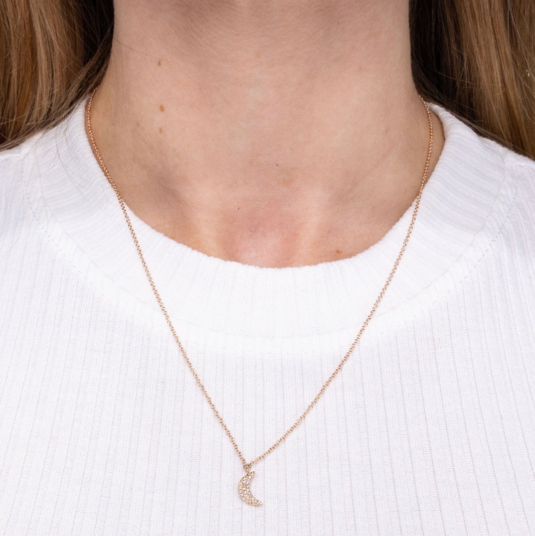 Pavé Diamond Moon Necklace Rose Gold