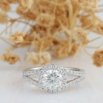 1.0CT Round Brilliant Cut Split Shank Halo Moissanite Engagement Ring