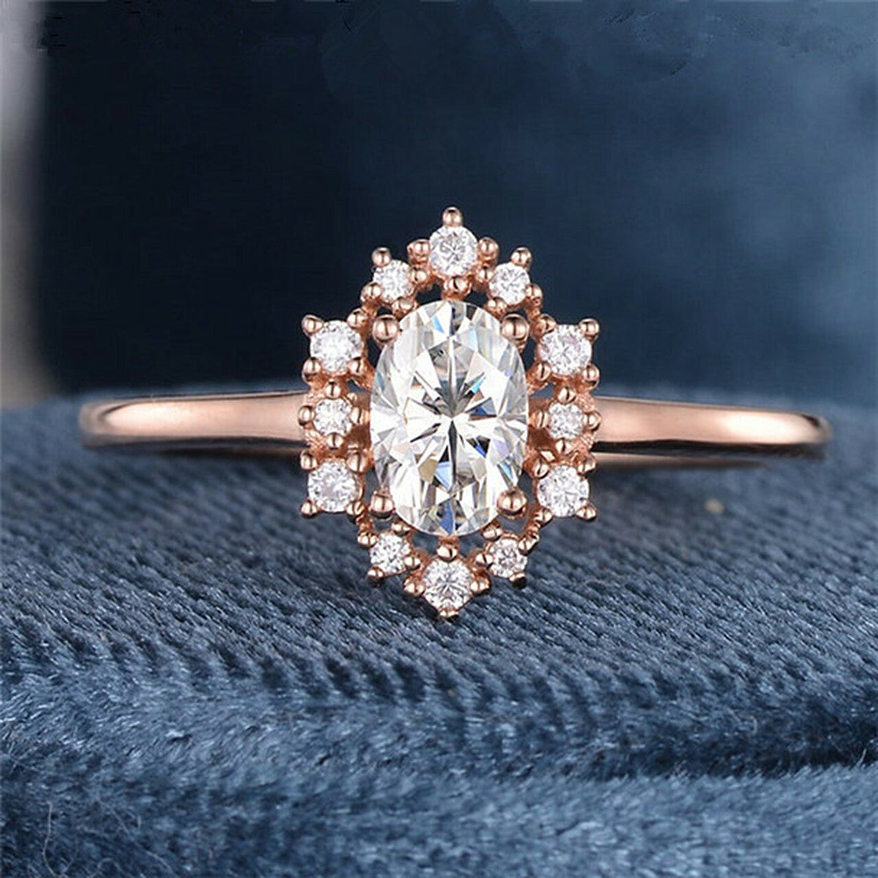 1.0CT Oval Cut Cluster Halo Style Moissanite Engagement Ring