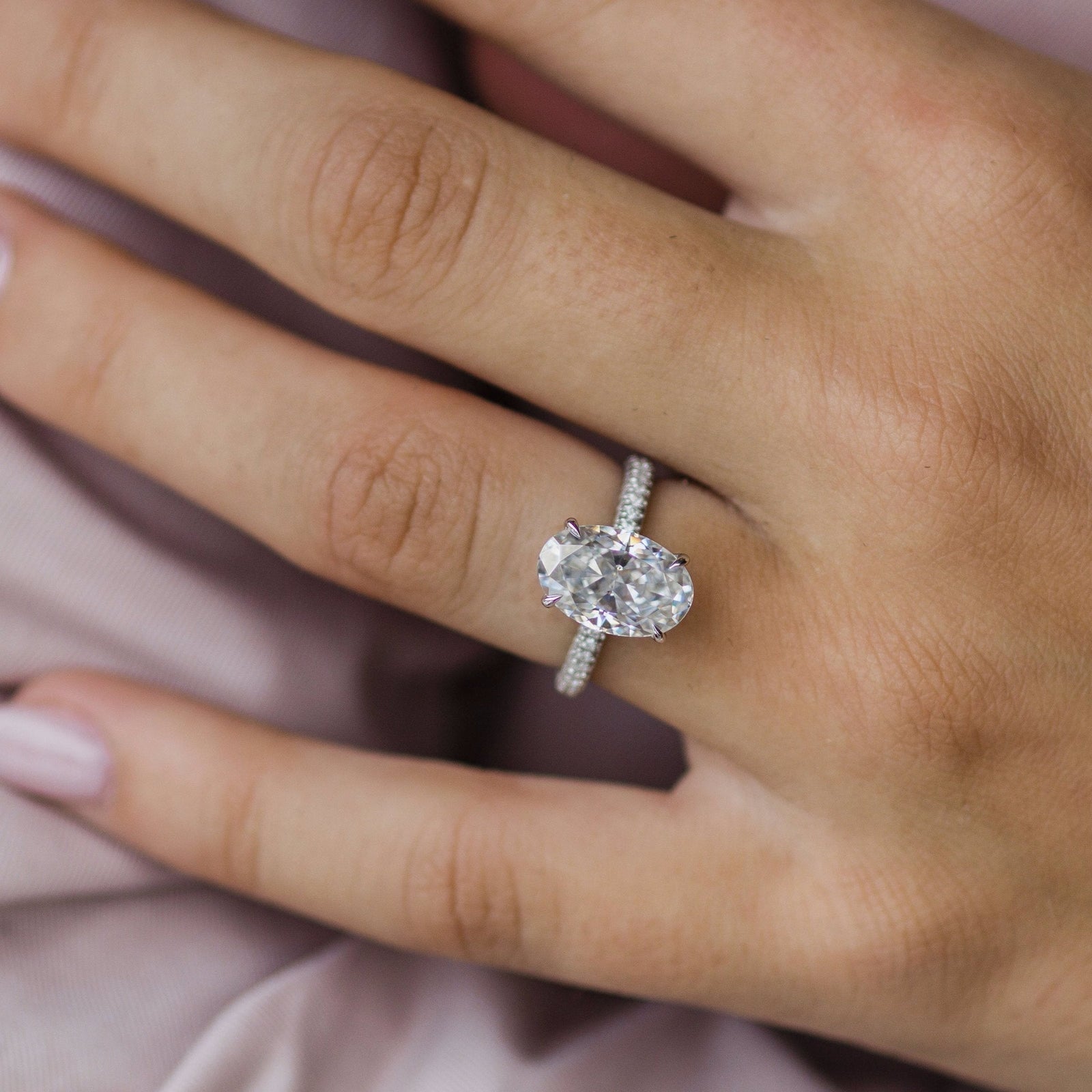 3.40CT Oval Moissanite Hidden Halo Triple Pave Setting Engagement Ring
