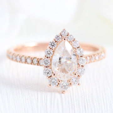 1.0CT Pear Halo Style Pave Setting Moissanite Engagement Ring