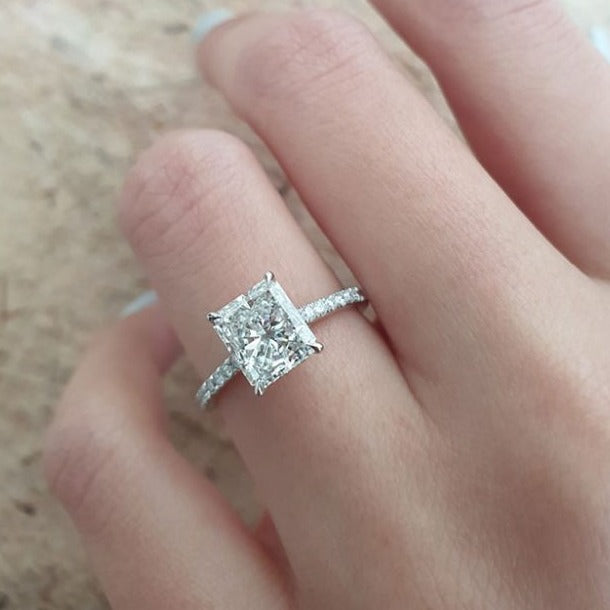 1.50ct Radiant Moissanite Hidden Halo Pave Setting Engagement Ring