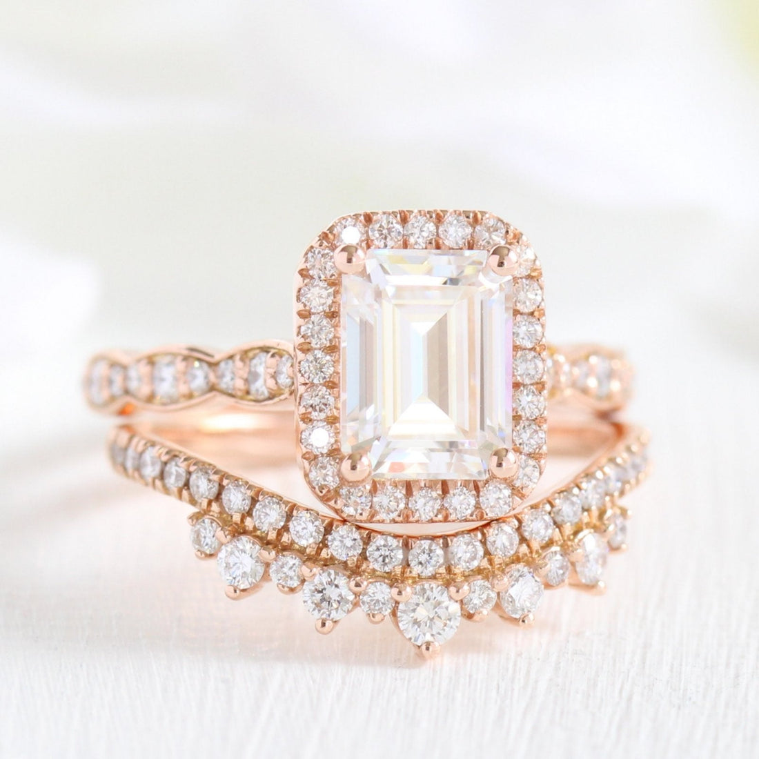 1.60CT Emerald Cut Moissanite Halo Bridal Ring Set