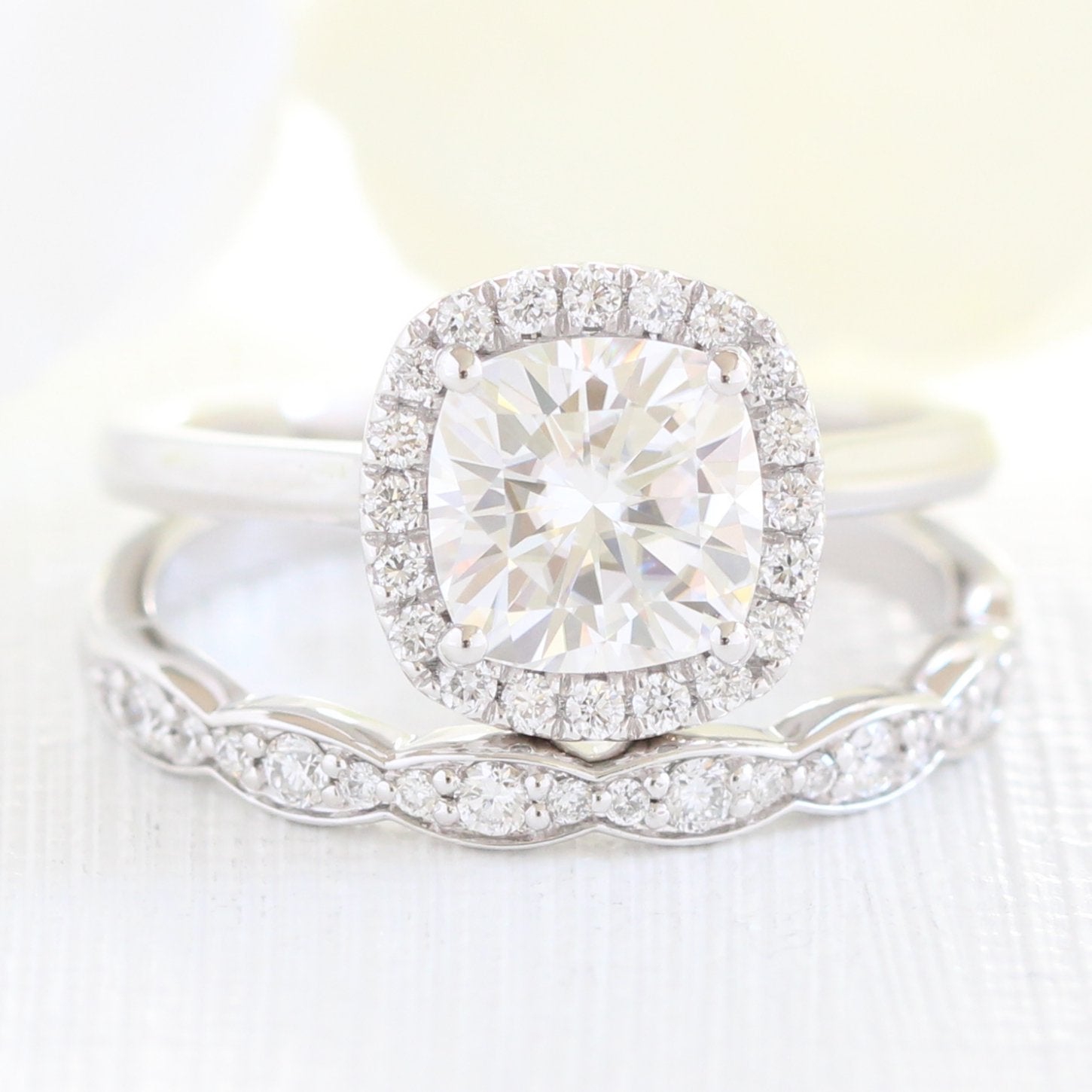 1.65CT Cushion Cut Moissanite Halo Bridal Ring Set