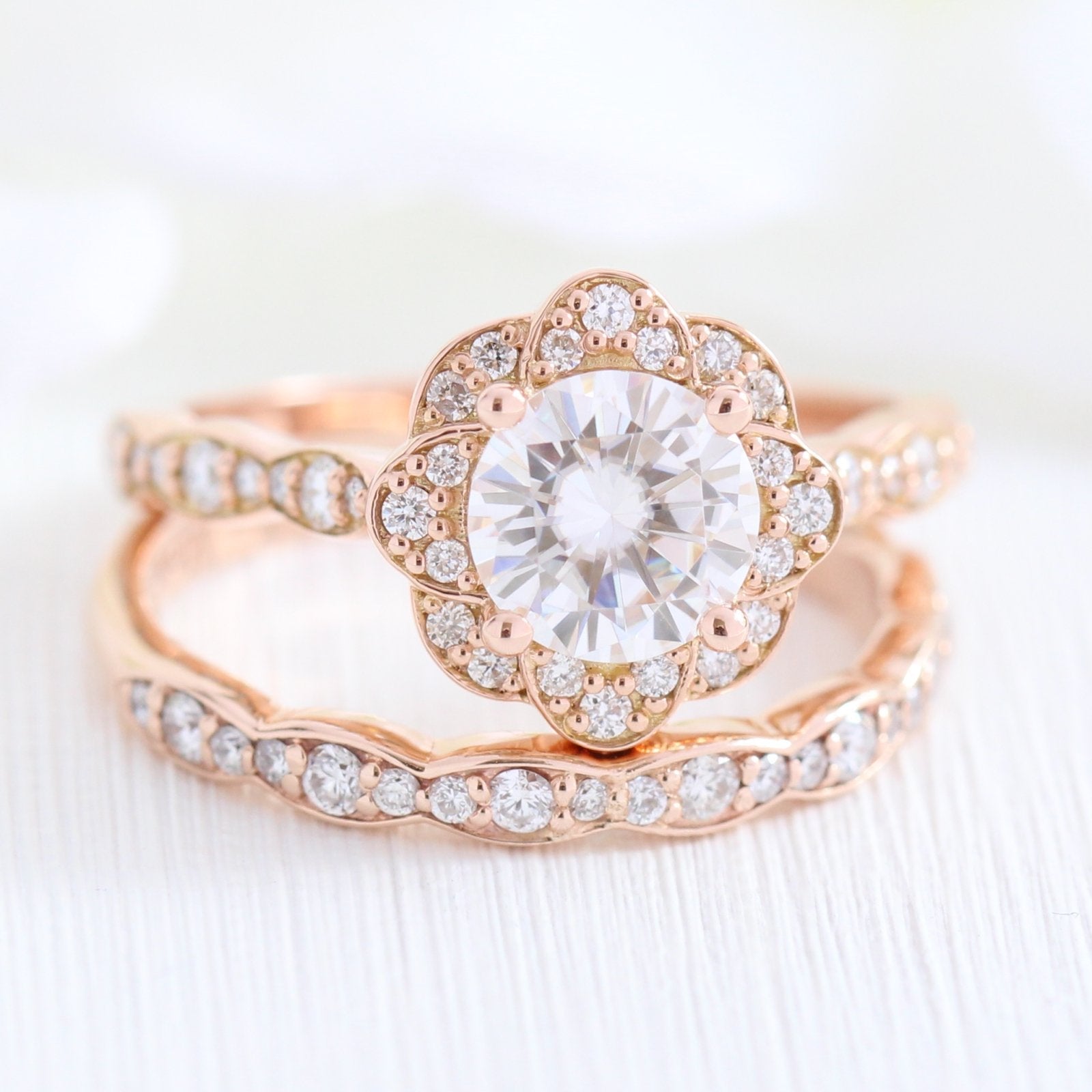 1.0CT Round Cut Moissanite Halo Bridal Ring Set