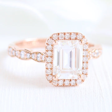 1.60CT Emerald Cut Moissanite Halo Engagement Ring