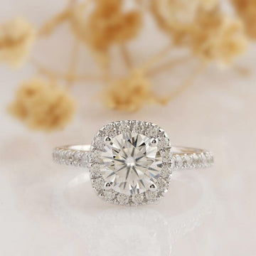 1.0CT Round Brilliant Cut Halo Style Moissanite Engagement Ring