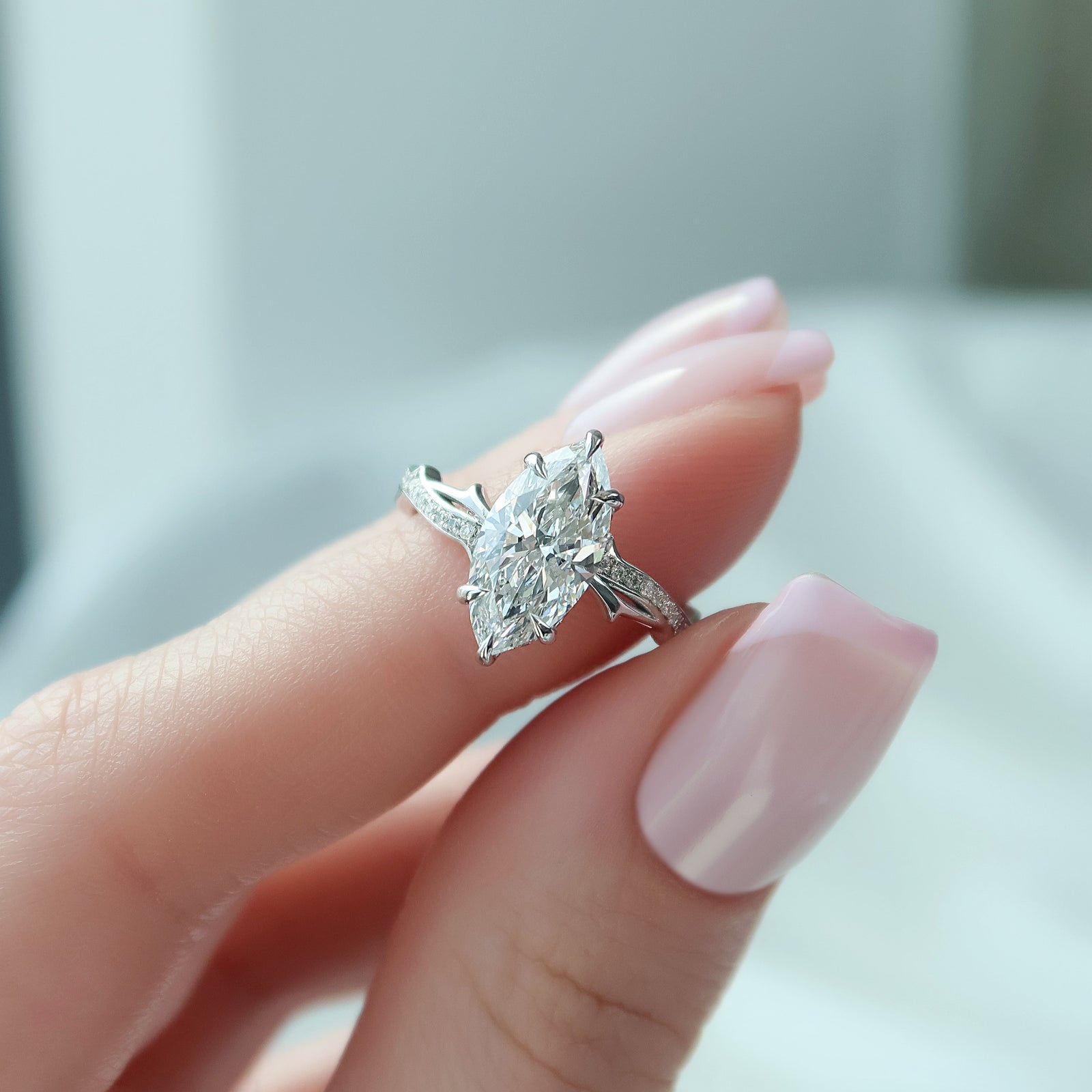 2.0 - 4.0 Carats Marquise shaped CVD Diamond twig & Pave Style Engagement Ring