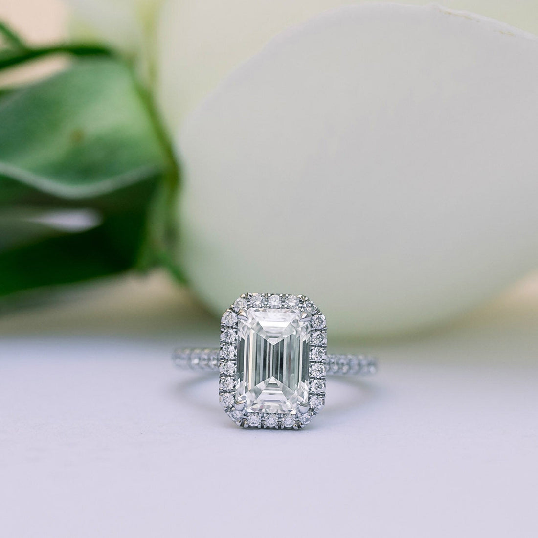 1.0 - 3.0 CT Emerald Cut Moissanite Halo Engagement Ring