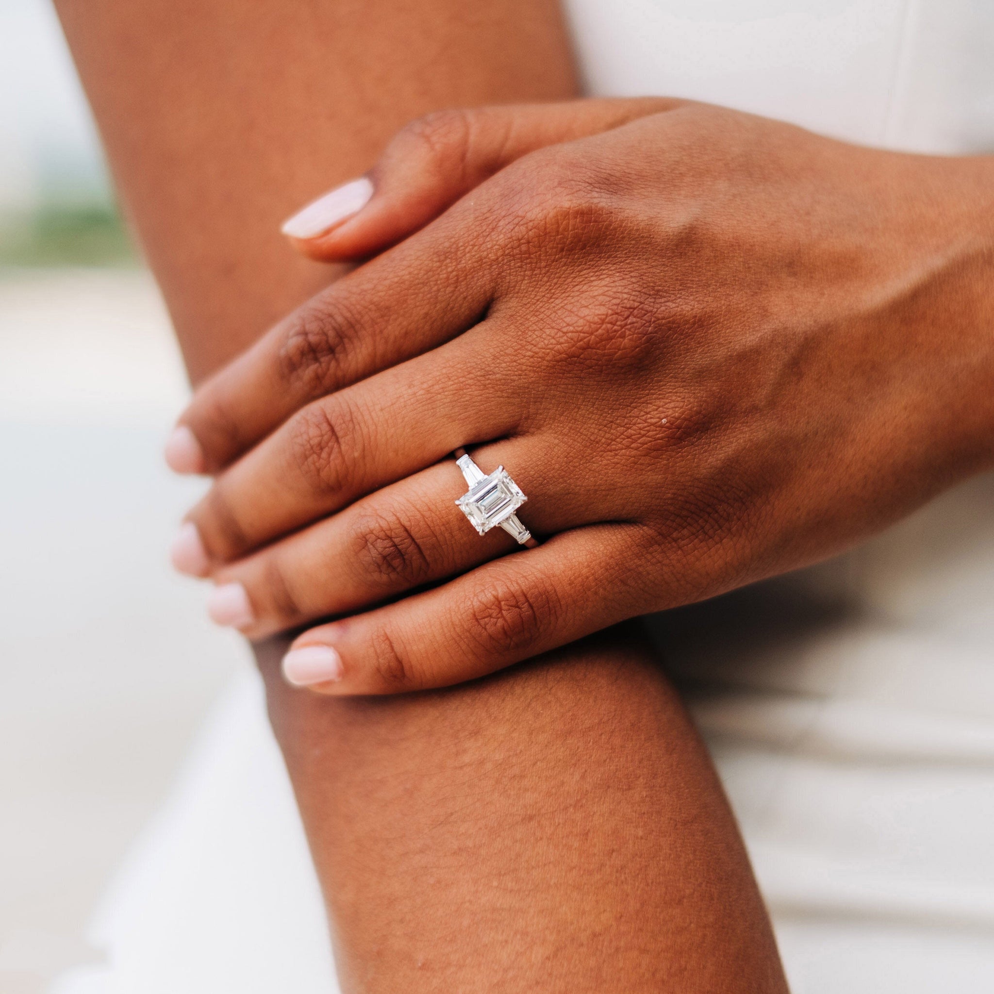 3.0CT Emerald Cut Moissanite 3 Stones Engagement Ring