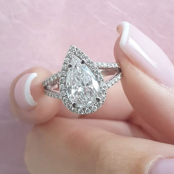 2.0ct Pear Cut Moissanite Halo Split Shank Engagement Ring