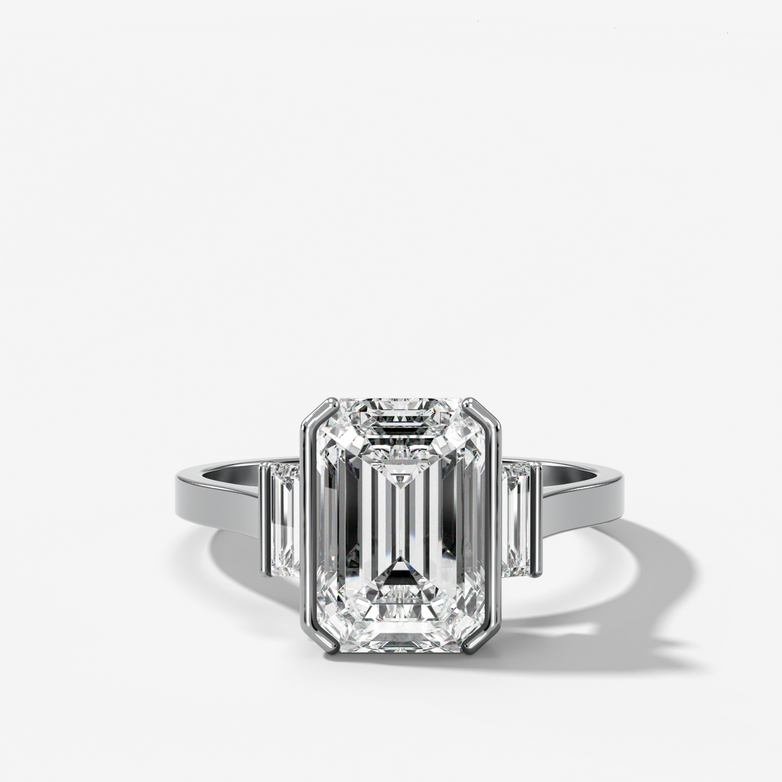 Three Stone Half Bezel Engagement Ring with Mini Baguette Side Stones and Emerald Cut Diamond No.2