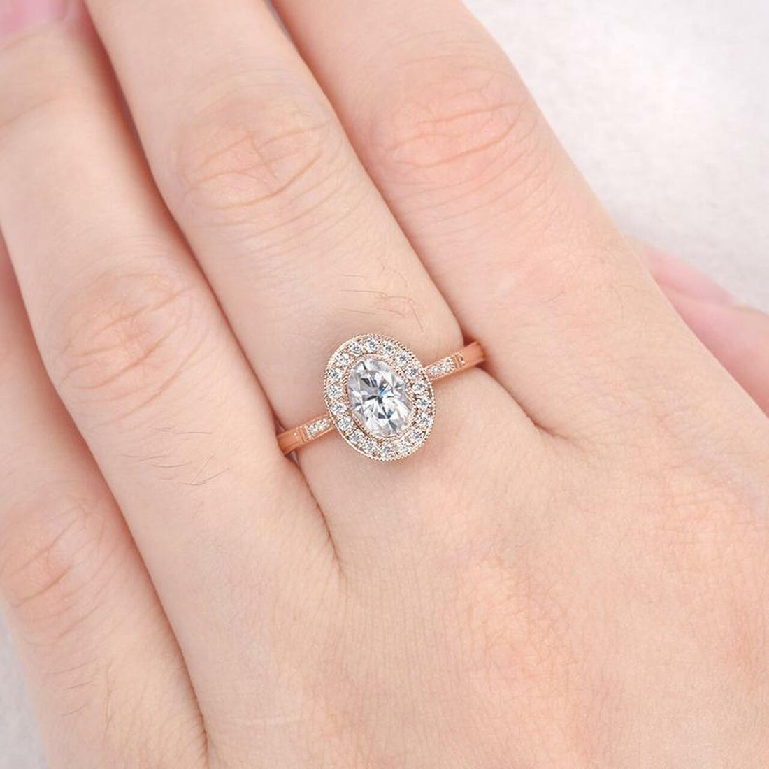 1.0CT Oval Cut Milgrain Halo Moissanite Engagement Ring