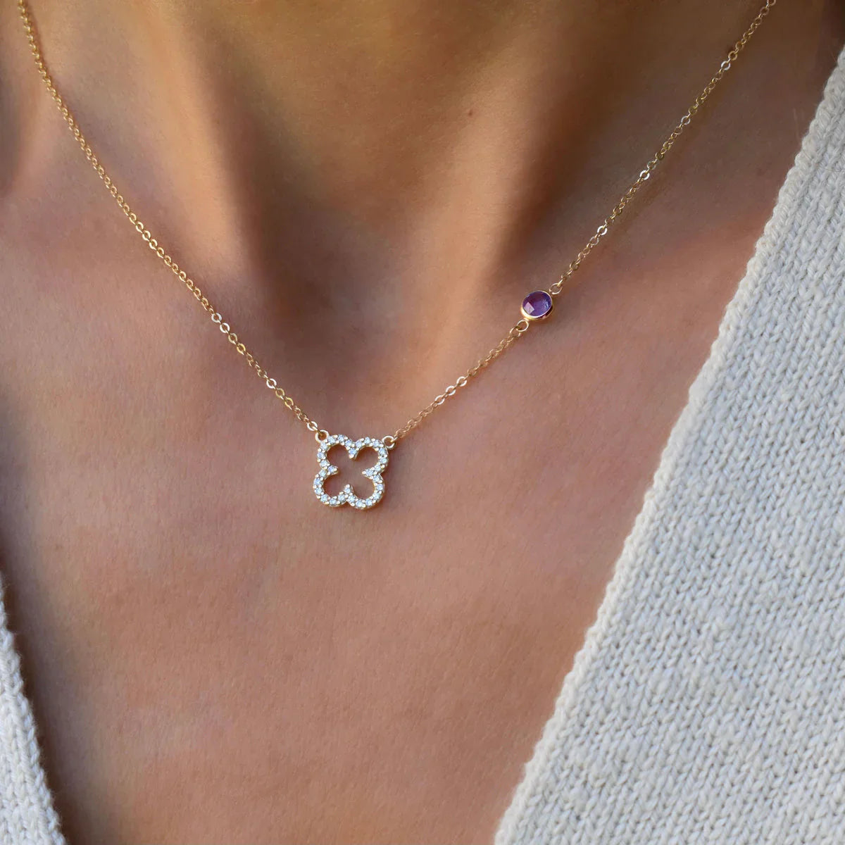 0.25CT Round Amethyst Diamond February Birthstone Clover Necklace