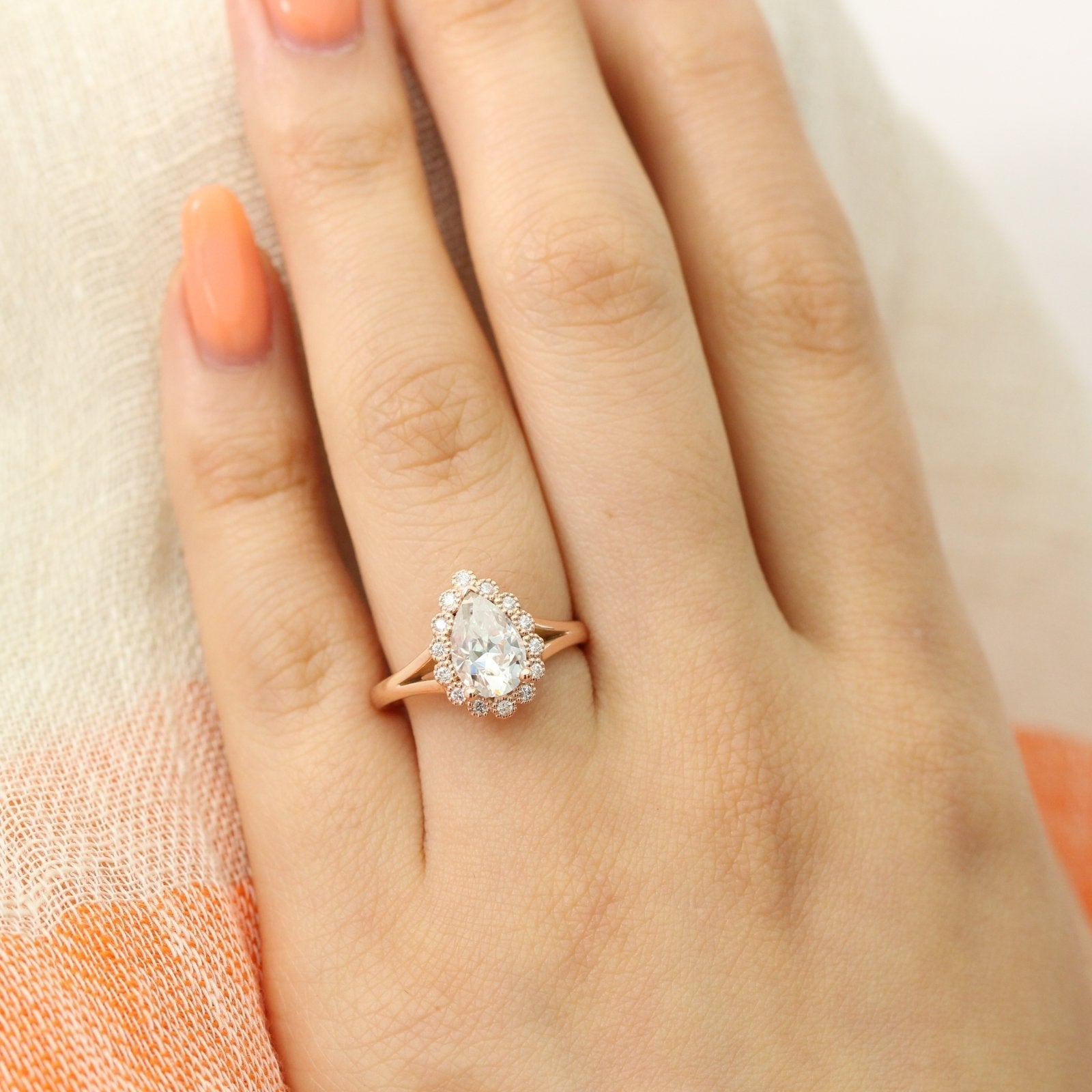 1.50CT Pear Cut Moissanite Halo Split Shank Style Engagement Ring