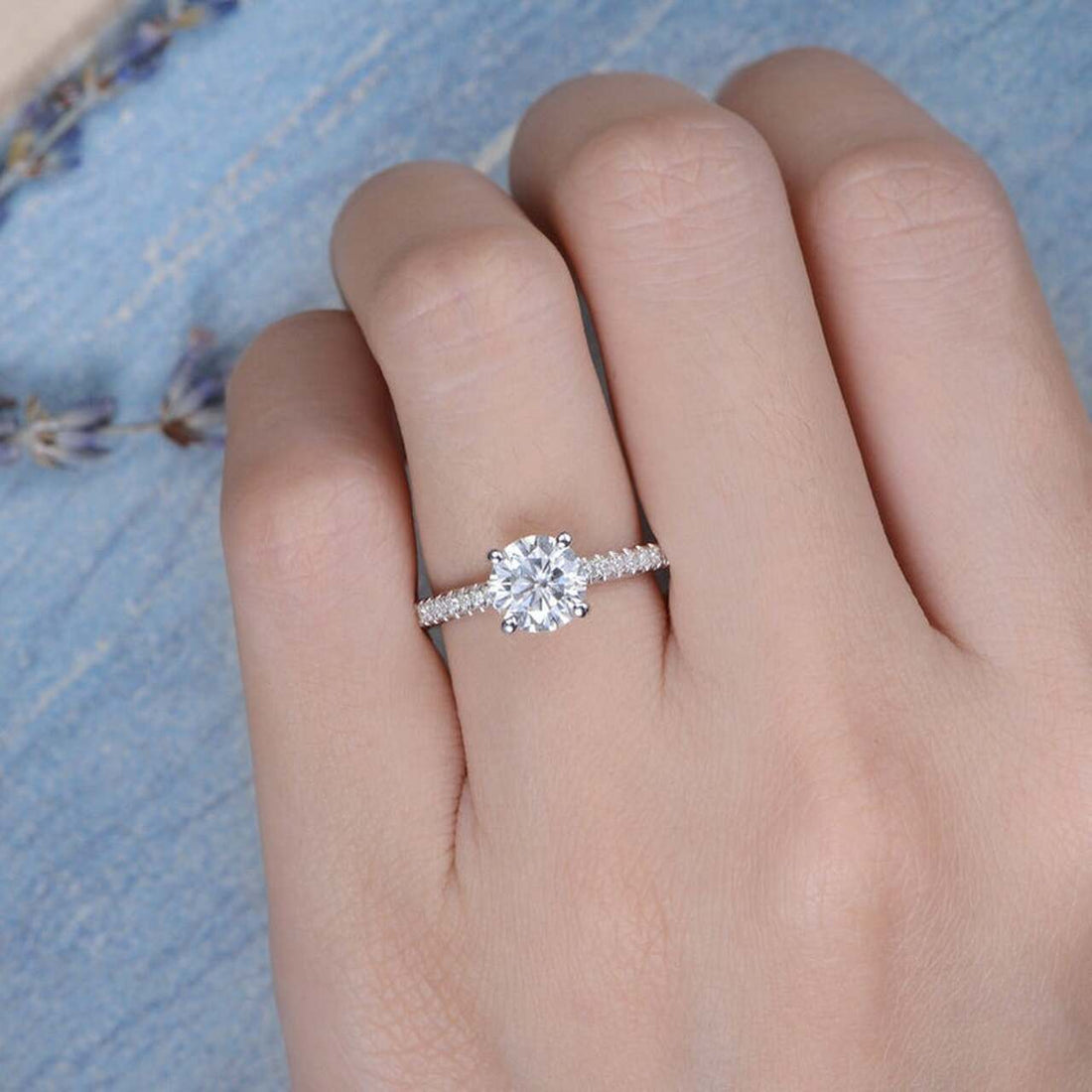 1.50CT Round Moissanite Solitaire Pave Setting Engagement Ring